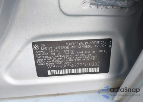 2007 BMW 328I из США, поврежденный, VIN WBAVA33577PG40302